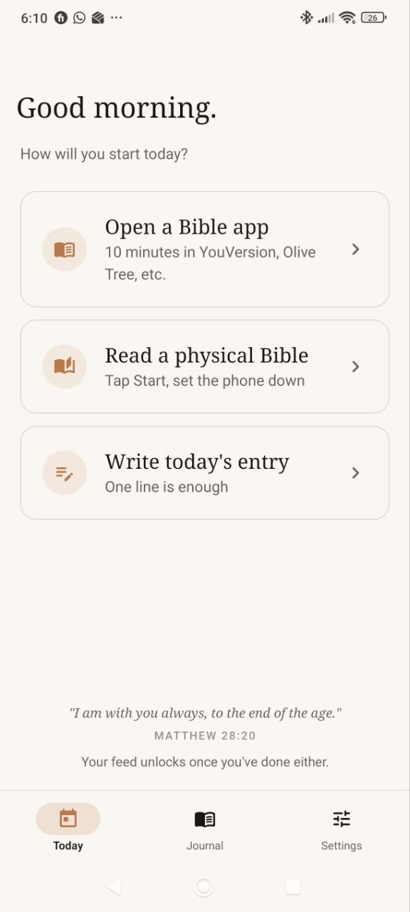 Prayer First Android Today screen with Bible app, physical Bible timer, and journal entry options